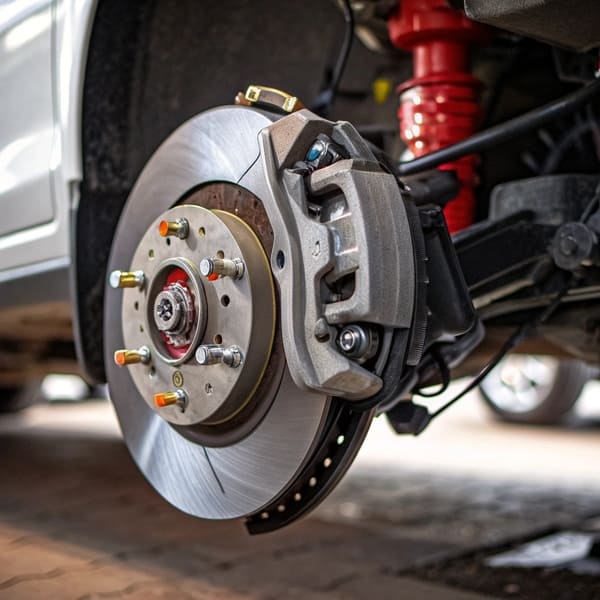 Close-up of a disc brake assembly showing the caliper, pads, and rotor