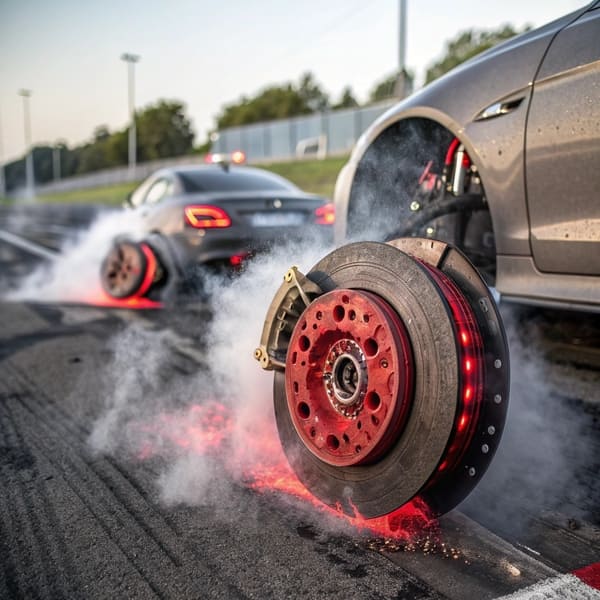 A glowing hot carbon ceramic brake rotor on a race car