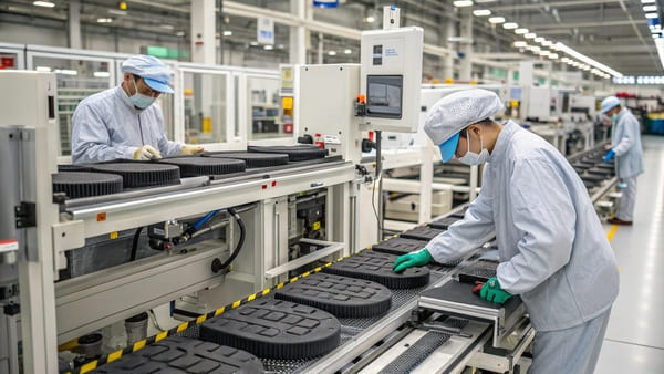 A close-up of high-quality OEM brake pads on a factory line