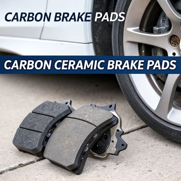 A comparison of a carbon-fiber metallic brake pad next to a carbon ceramic one.