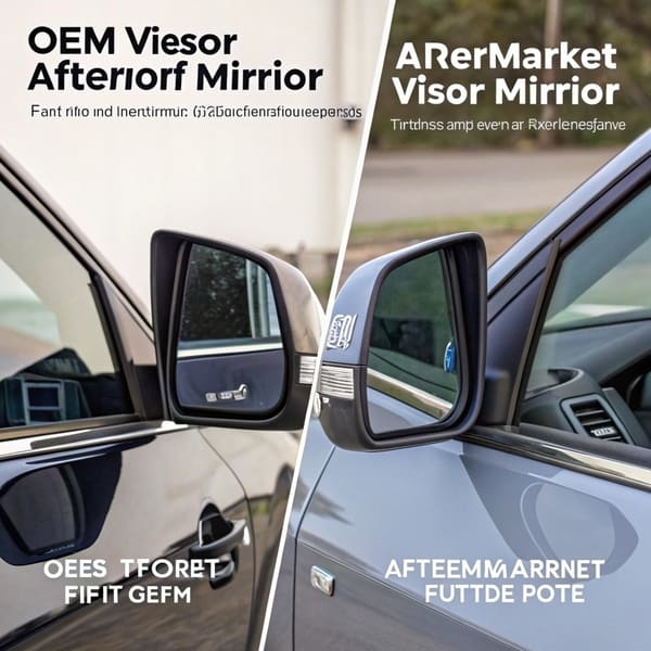 An OEM visor mirror next to an aftermarket one