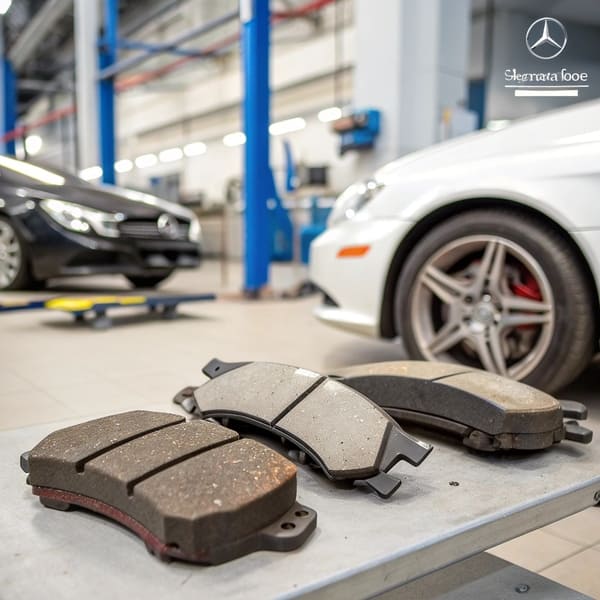 A comparison of a worn brake pad next to a new one