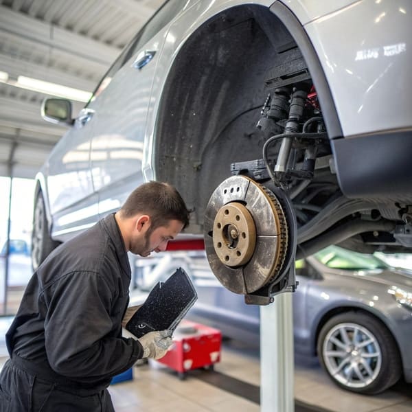 A complete car brake system with labeled parts