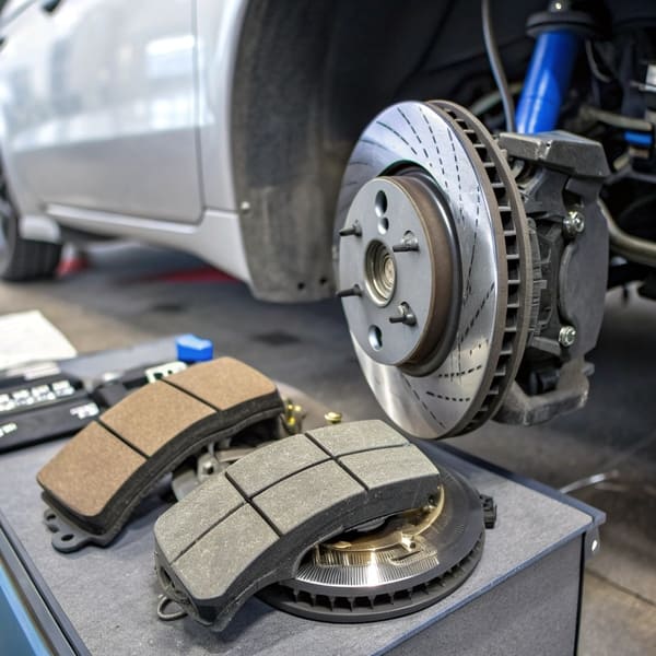 Ceramic and metallic brake pads side by side