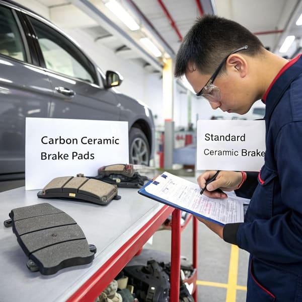 A close-up of a high-performance carbon ceramic brake pad on a sports car.