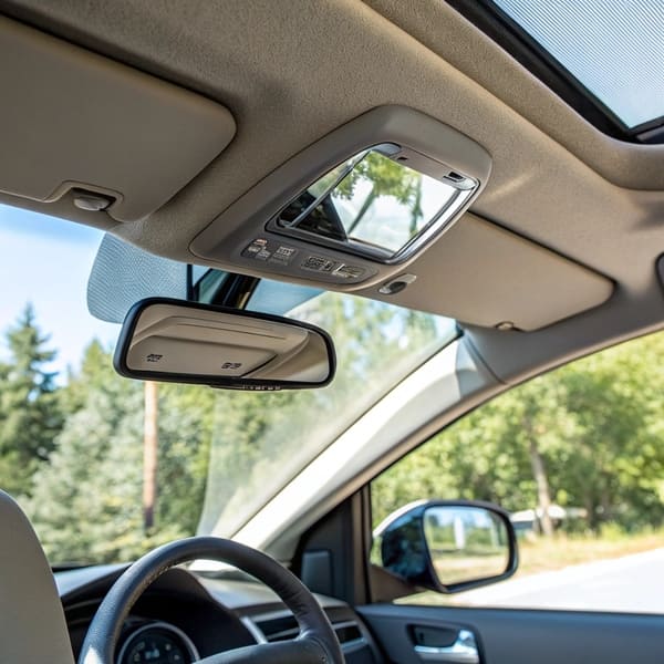 Driver using a car sun visor mirror