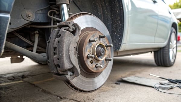 A close-up photo showing how to look through a wheel to see the brake pad and caliper