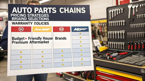 comparison of different auto parts brands on a shelf