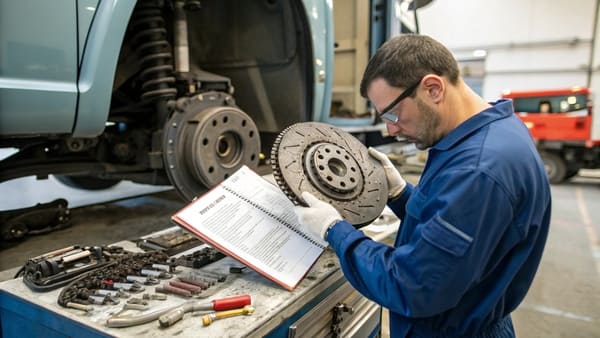 A technician comparing two different truck clutch discs.