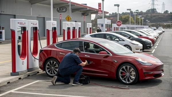 A Tesla Supercharger station with multiple cars charging.
