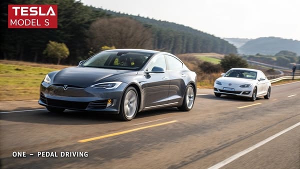 A driver's foot on the accelerator pedal of a Tesla, with a motion blur background.