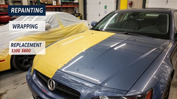 A comparison of a painted, wrapped, and damaged car hood