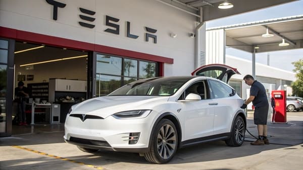 A Tesla service center with cars being repaired