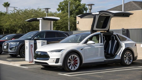 A Tesla Model X charging at a Supercharger station next to other EVs