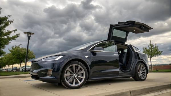 A Tesla Model X parked in a modern city setting
