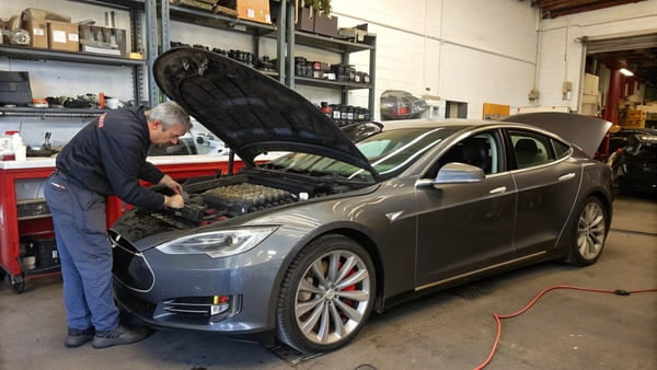 A classic Tesla Model S P85D on the road