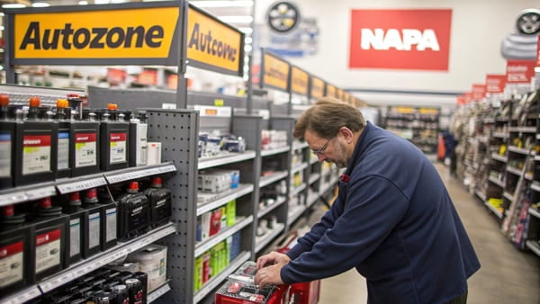 An auto parts store aisle with various car components on shelves.