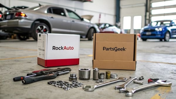 A mechanic comparing two different brands of brake pads.