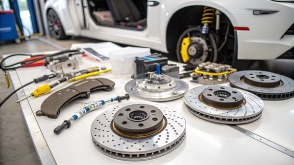 A close-up of a car's disc brake assembly, showing the caliper, rotor, and pads.