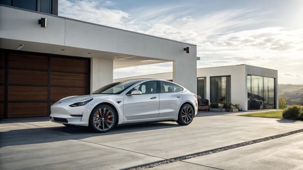 A futuristic-looking Tesla Model 3 on a dark road