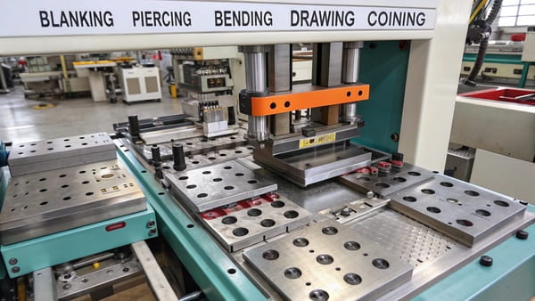 Illustrations of different metal stamping operations like bending, drawing, and piercing.
