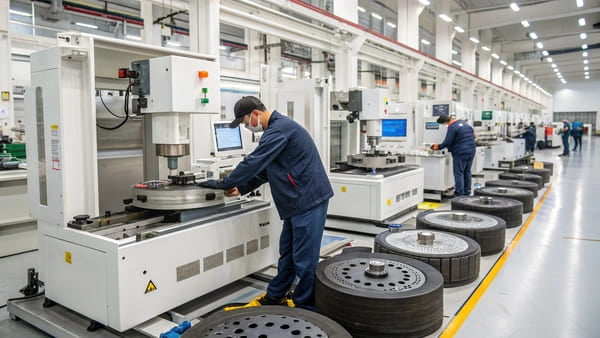 Inside a factory showing the brake pad production line