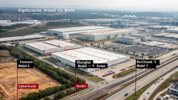 A Tesla production line with robotic arms assembling cars