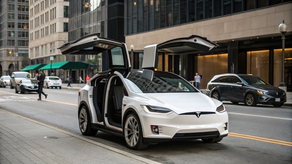 A family interacting with the falcon-wing doors of a Tesla Model X