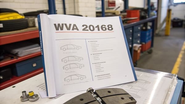 A mechanic cross-referencing brake pad numbers on a computer.