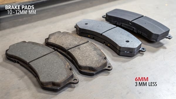 A diagram showing brake pad thickness measurements from new to dangerous