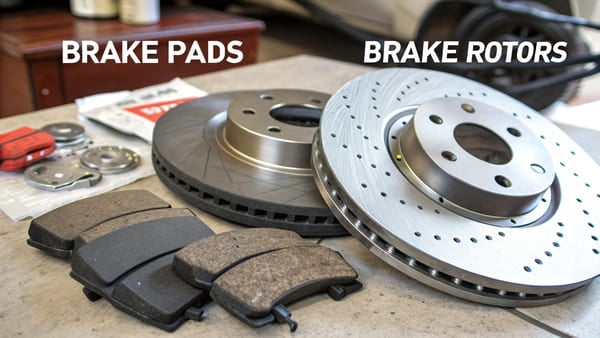 A mechanic holding a new brake pad next to a worn-out brake pad.