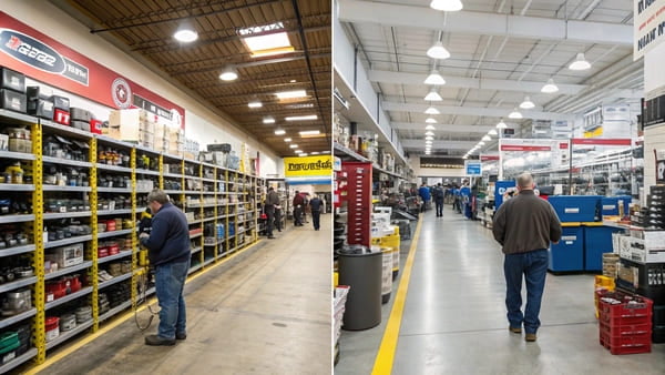 a large chain auto parts store contrasted with a small local shop