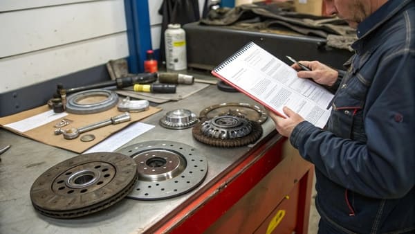 A mechanic checking an OE number stamped on a clutch disc.