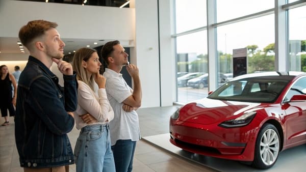 A group of people looking at a car in a showroom