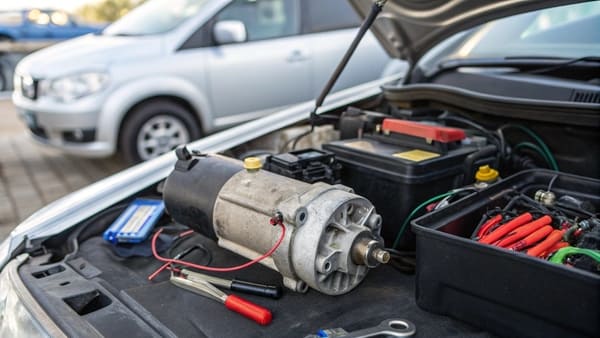 a close up of a vehicle's starter motor in the engine bay