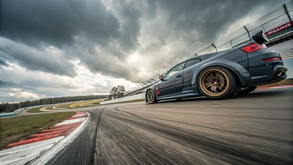 A sports car taking a fast corner on a race track with flow formed wheels.