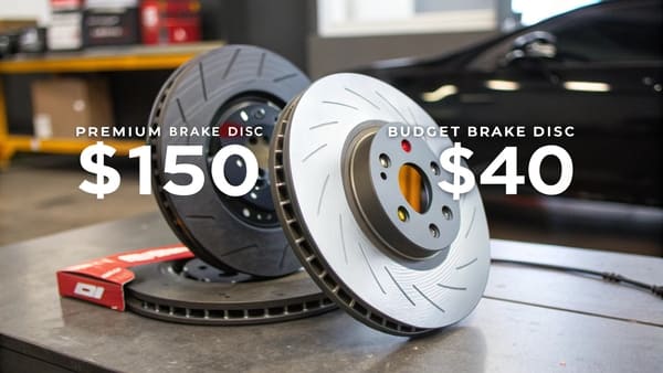 A side-by-side comparison showing a new premium brake disc next to a warped, cracked budget disc