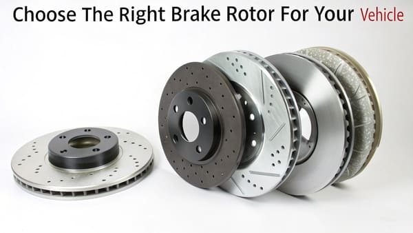 A close-up of different types of brake rotors: smooth, drilled, and slotted