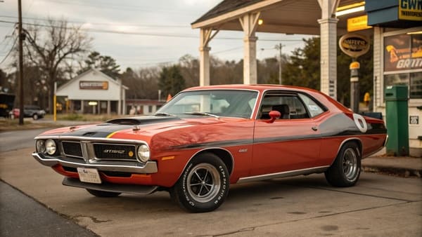 A classic 1970s American muscle car parked on a city street