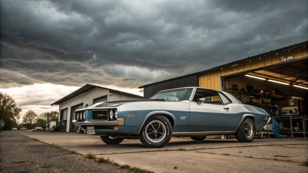 A classic 1970s American coupe parked on a city street at sunset