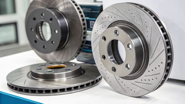 A close-up of a high-performance brake rotor on a modern car