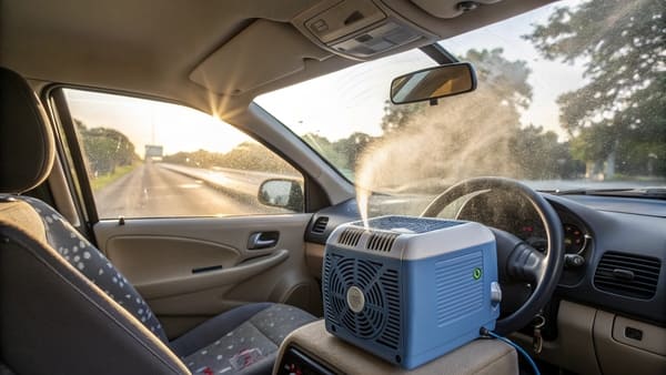 A person in a car enjoying the cool air from a portable 12V air conditioner