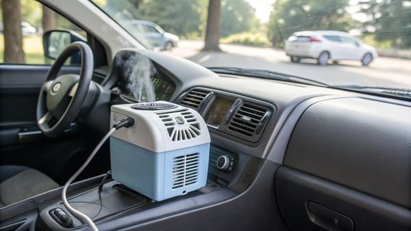 A person feeling the cool air from a 12V portable AC in their truck cab.
