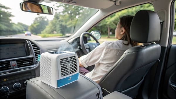 A person relaxing in a car with a 12V portable AC unit pointing at them