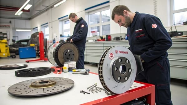 A close-up of a high-performance brake rotor and caliper on a car
