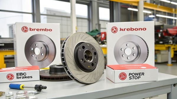 A close-up of a high-performance brake rotor and caliper on a car