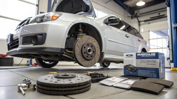 A set of OEM Subaru brake pads next to an aftermarket alternative