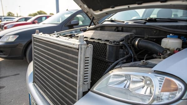 A car's radiator and AC condenser sitting together in the engine bay