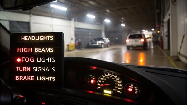 An array of different types of car lights illuminated