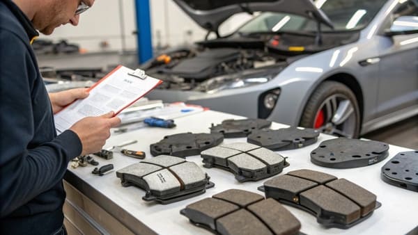 A collection of different types and sizes of brake pads on a workshop bench.